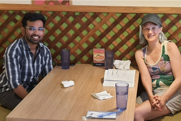 Goldin Global Fellows, Tarun Masapeta from India (left) and Jill Langhus-Griffin from Arizona (right), met to continue planning their collaboration for an online financial literacy program involving trafficking survivors.