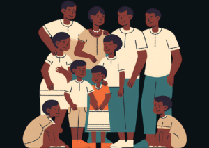 An illustration of a family reunited after their children were trafficked.