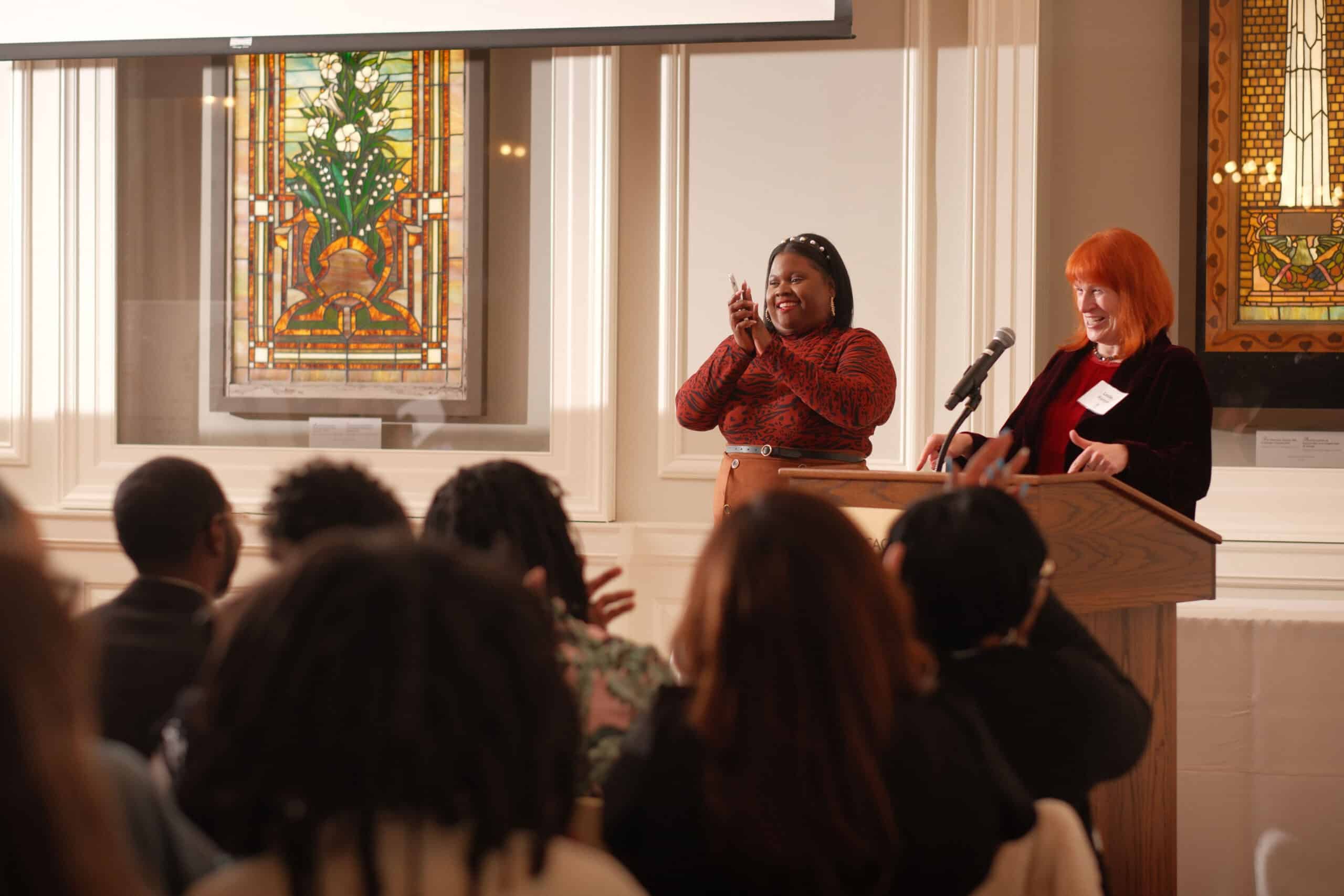 Jai Jones and Leslie Ramyk congratulating the 2024 Chicago Peace Fellows