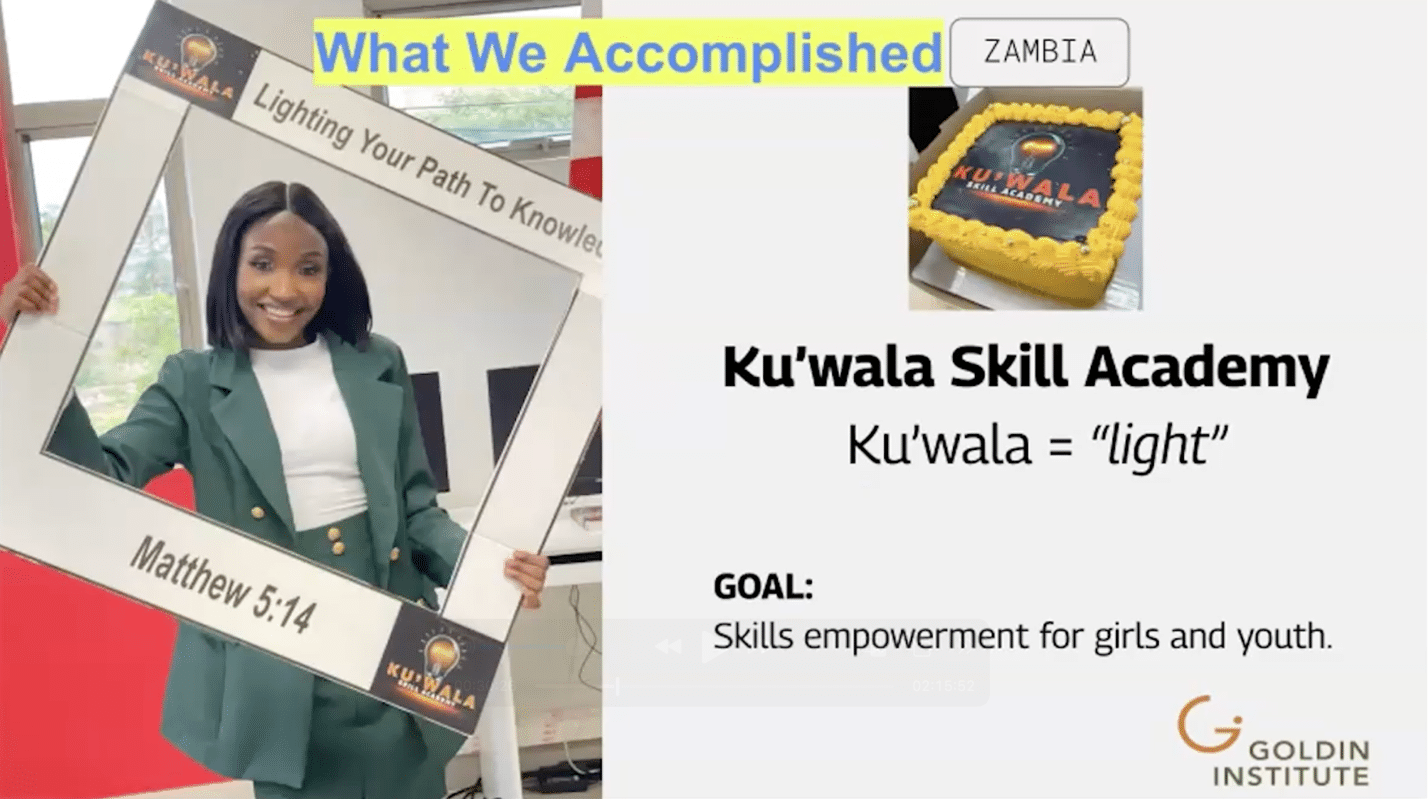 A screenshot of Sabetha Zulu on the left with a slide on the right describing the Ku'wala Skill Academy